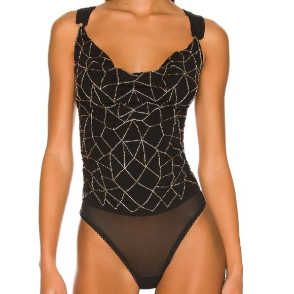 Intimately Free People Black Shine A Light Beaded Bodysuit - Large - Picture 1 of 14